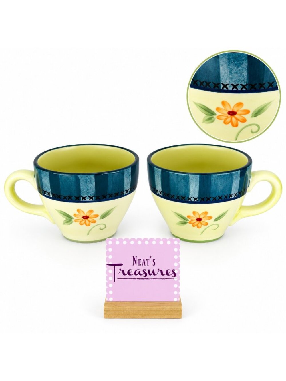 Pfaltzgraff VERONA Floral Stripes Scrolls Blue Trim Stoneware 16oz Cup Mug Set 2